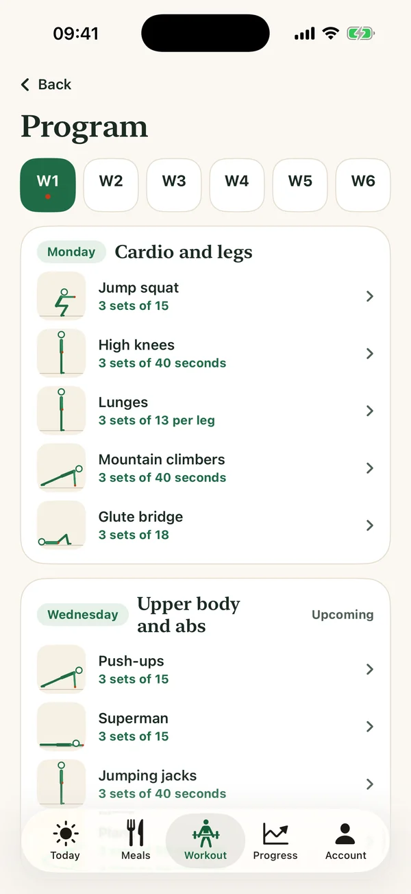 Program screen of the Kalmiam app