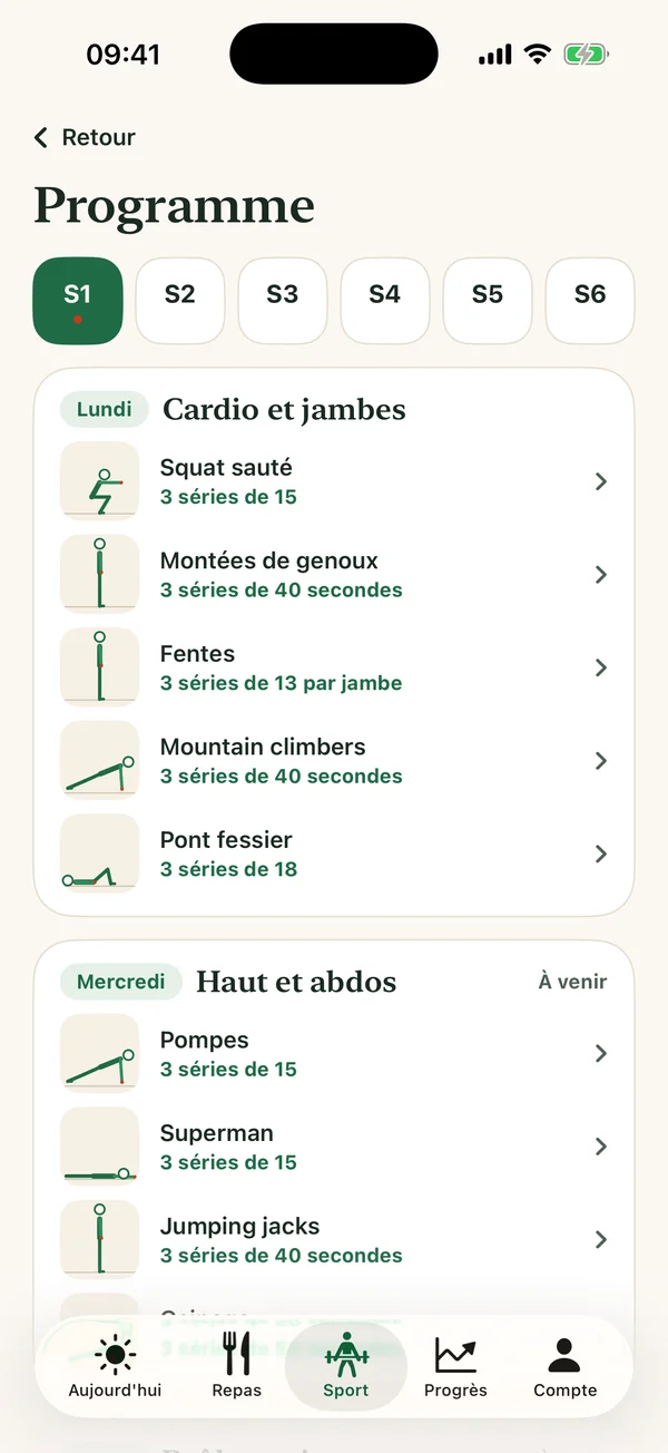 Écran Programme de l'application Kalmiam