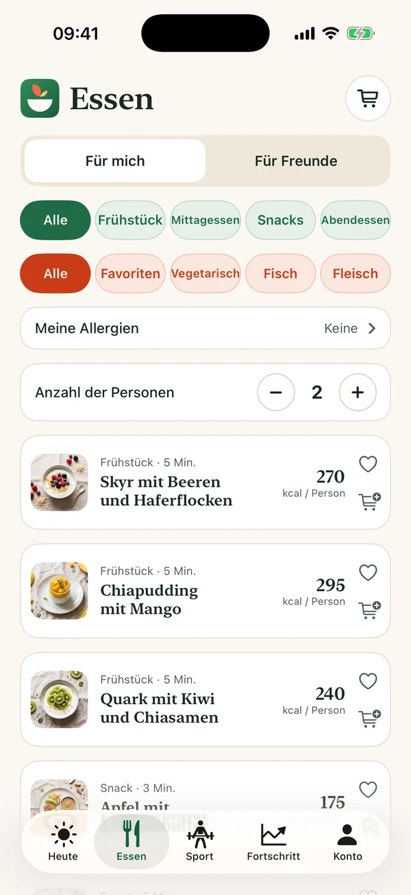 Mahlzeiten-Ansicht der Kalmiam-App