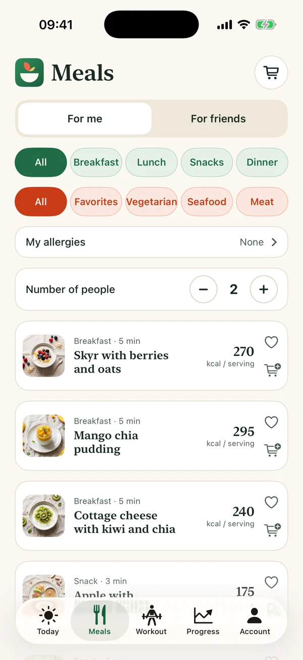 Meals screen of the Kalmiam app