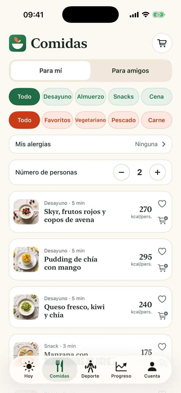 Pantalla Comidas de la aplicación Kalmiam