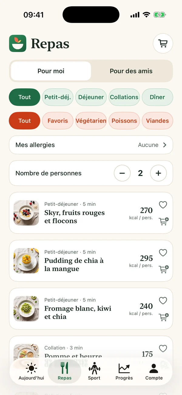 Écran Repas de l'application Kalmiam