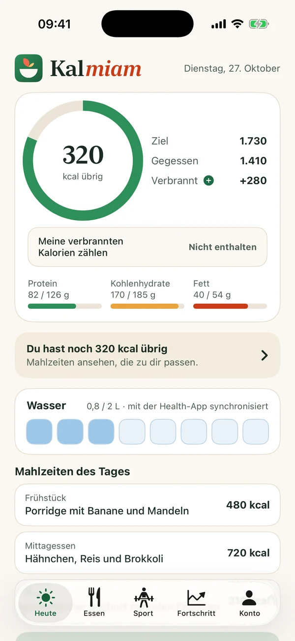 Heute-Ansicht der Kalmiam-App