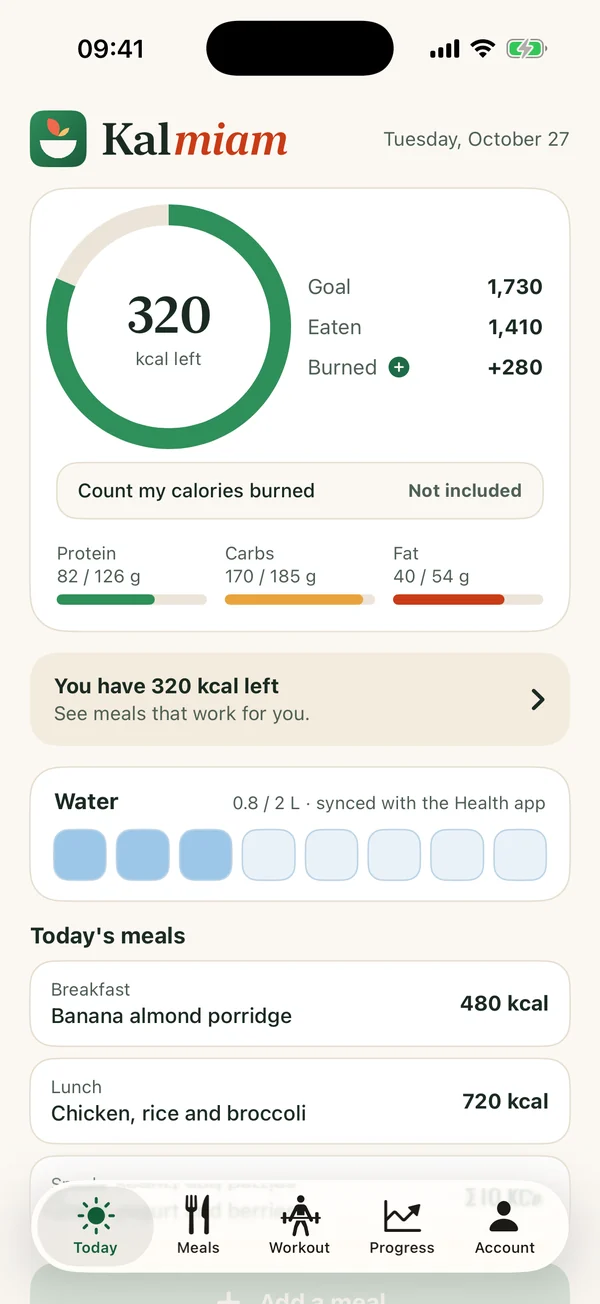 Today screen of the Kalmiam app