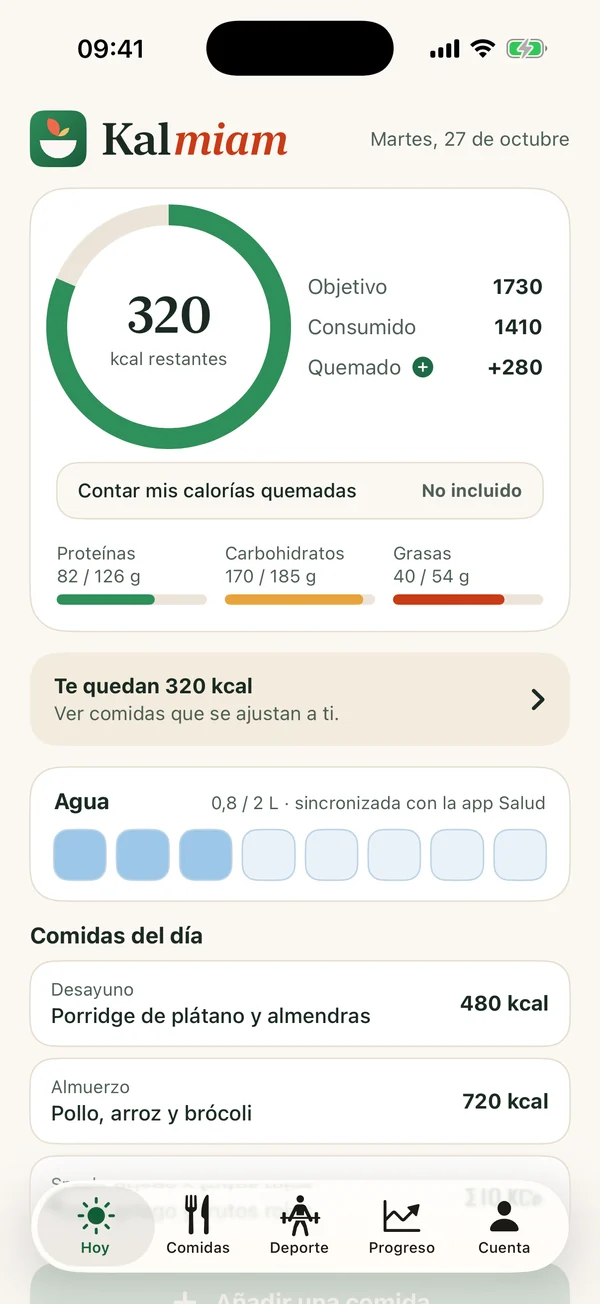 Pantalla Hoy de la aplicación Kalmiam