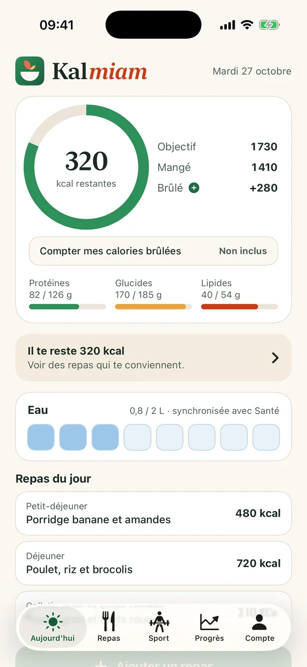 Écran Aujourd'hui de l'application Kalmiam