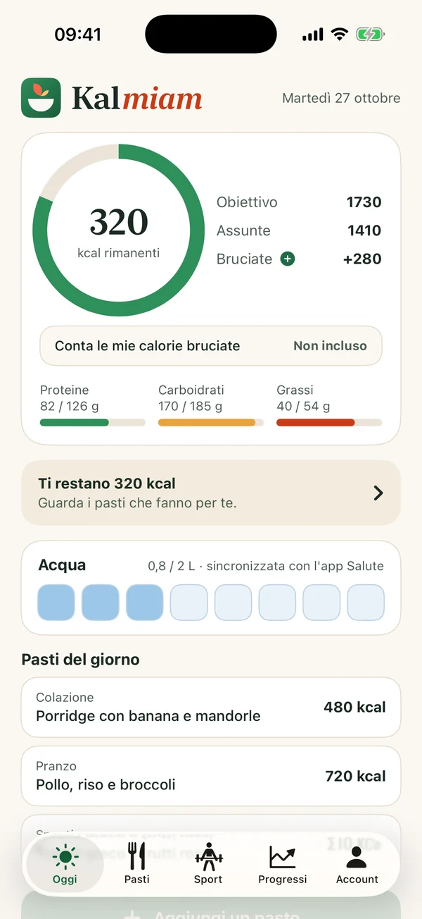 Schermata Oggi dell'app Kalmiam